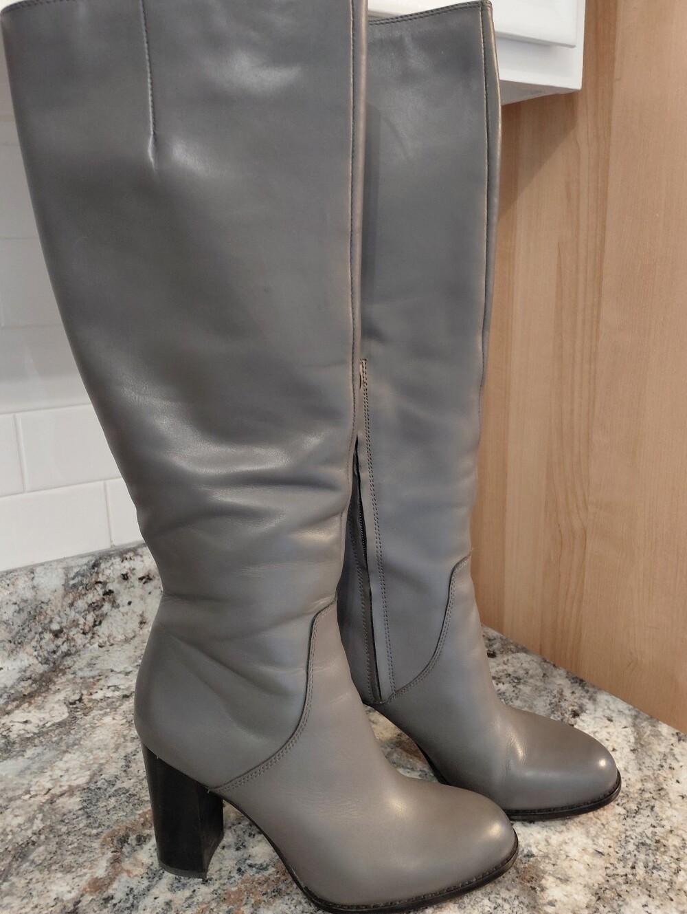 Sam Edelman Gray Leather Knee-High Block Heel Boots